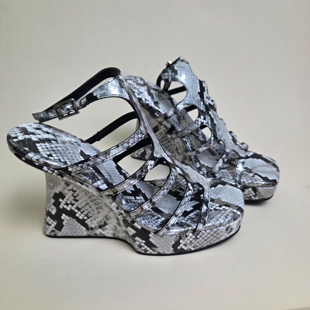 Jeffrey Campbell Black and White Snakeskin Wedge Sandals